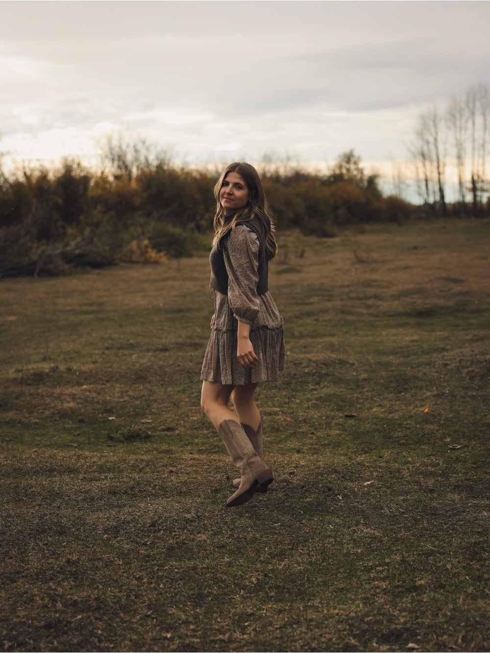 Cleobella Neutral Paisley Long Sleeve Tiered Boho Dress